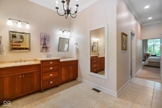 5720 Hickory Hollow Dr, Plainfield, IN 46168 - ensuite bathroom featuring crown molding, double vanity, tile patterned flooring, a chandelier, and recessed lighting