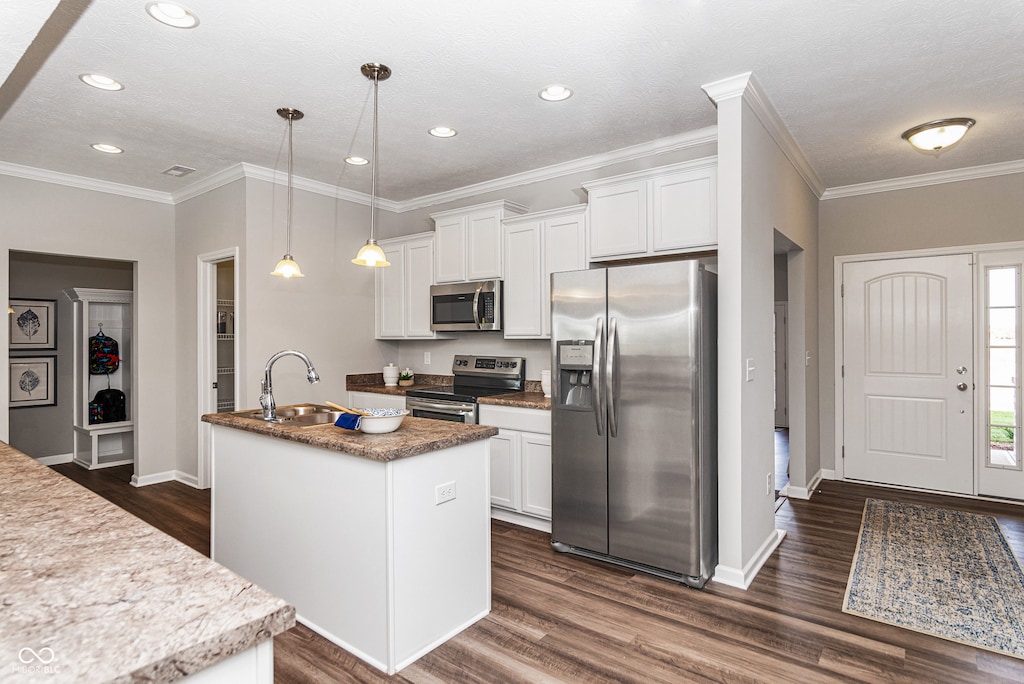 164 Luna Pl, Shelbyville, IN 46176 - kitchen featuring appliances with stainless steel finishes, dark wood finished floors, a center island with sink, white cabinetry, and recessed lighting
