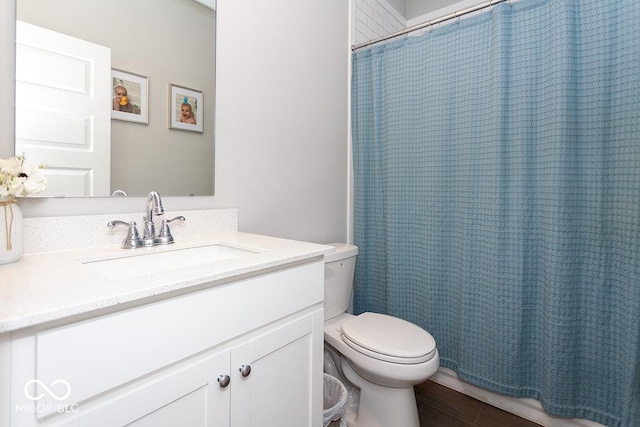 9309 Kellner St, Pendleton, IN 46064 - bathroom featuring vanity, a shower with curtain, and wood finished floors
