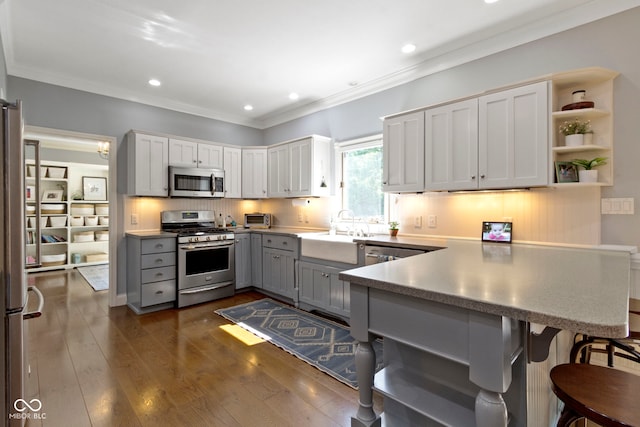 111 N 8th St, Zionsville, IN 46077 - kitchen with stainless steel appliances, gray cabinetry, a peninsula, ornamental molding, and dark wood-style floors