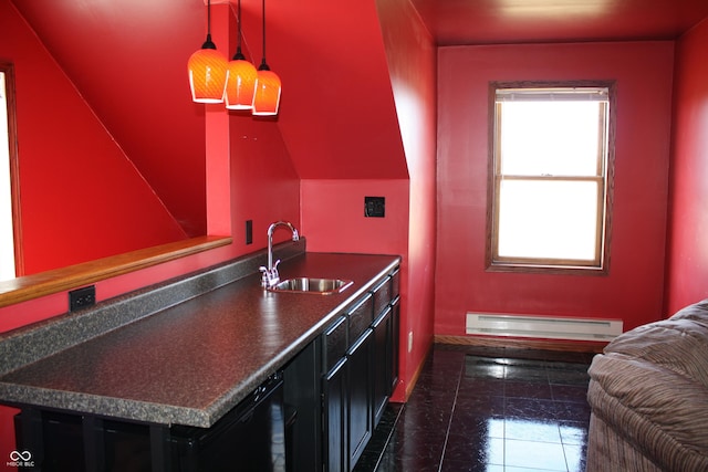 6052 N Deckshire Ln, Shirley, IN 47384 - kitchen with baseboard heating, dark countertops, hanging light fixtures, and dark marble finish floors