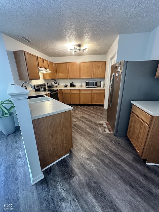 12536 Teacup Way NE, Indianapolis, IN 46235 - kitchen with stainless steel appliances, dark wood-style floors, under cabinet range hood, a peninsula, and a textured ceiling