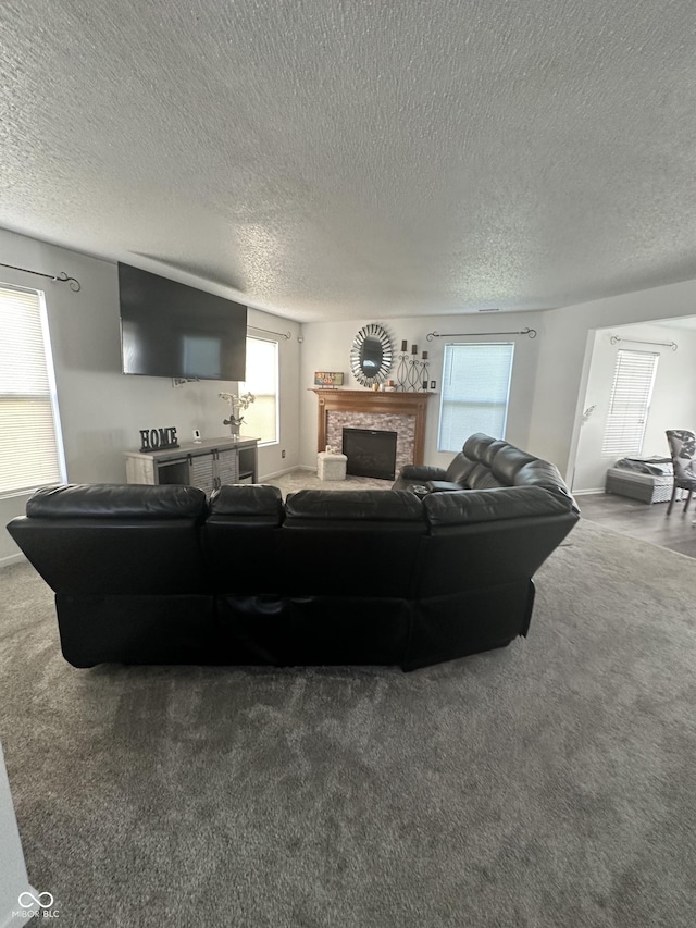 12536 Teacup Way NE, Indianapolis, IN 46235 - living room featuring carpet floors, a brick fireplace, and a textured ceiling