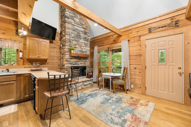 3715 Orchard Rd, Columbus, IN 47201 - kitchen featuring a fireplace, wooden walls, plenty of natural light, light wood-style floors, and light countertops