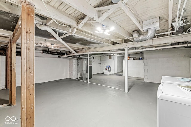 3760 Brill Rd, Indianapolis, IN 46227 - unfinished basement with washer / clothes dryer, heating unit, and concrete block wall