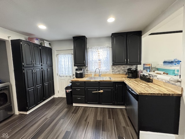 817 Pearl St, Covington, IN 47932 - kitchen featuring dishwasher, wooden counters, dark wood-type flooring, a peninsula, and tasteful backsplash