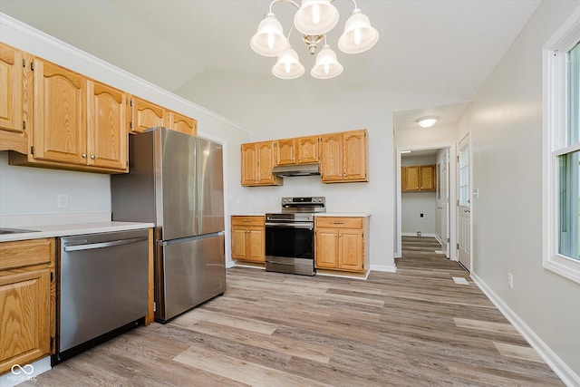 4330 S 100 E, Lebanon, IN 46052 - kitchen with stainless steel appliances, under cabinet range hood, lofted ceiling, light wood-style flooring, and light countertops