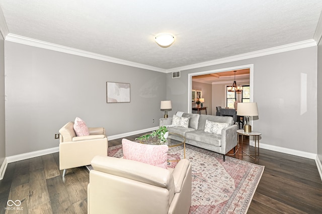 5826 Winding Way Ln, Indianapolis, IN 46220 - living area featuring a chandelier, crown molding, dark wood-style floors, and a textured ceiling