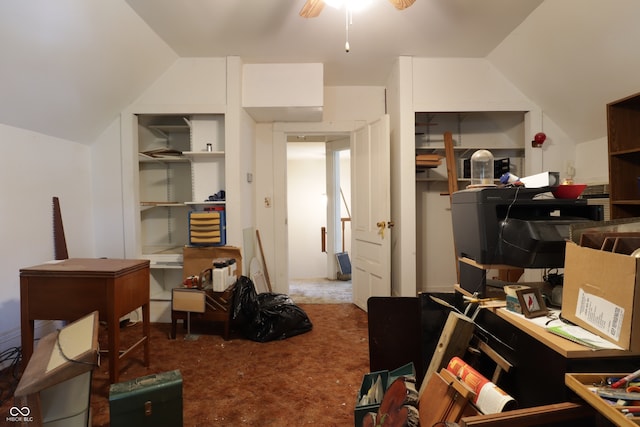 633 N E St, Greenfield, IN 46140 - carpeted office space with lofted ceiling, a ceiling fan, and built in features