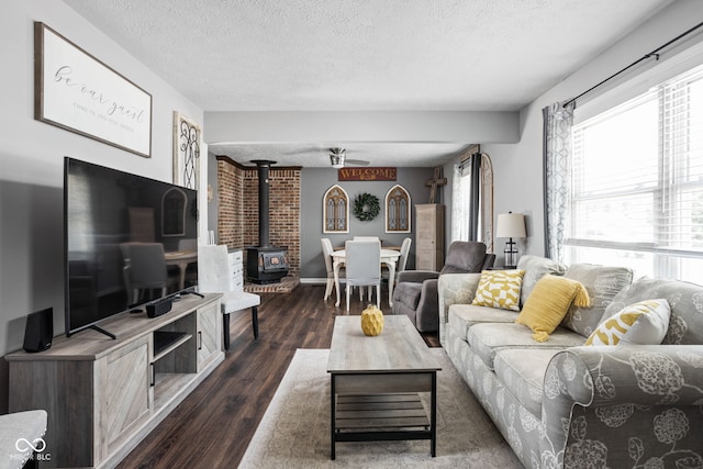 6429 Walnut Way, Brownsburg, IN 46112 - living room with a textured ceiling, a wood stove, plenty of natural light, and dark wood-style floors
