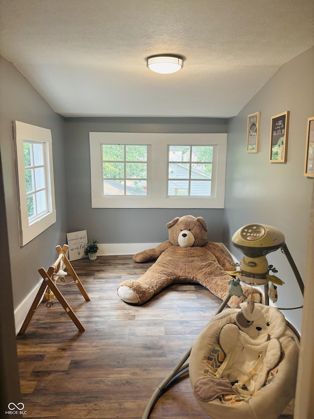 597 W Adams St, Franklin, IN 46131 - bedroom featuring lofted ceiling, multiple windows, wood finished floors, and a textured ceiling