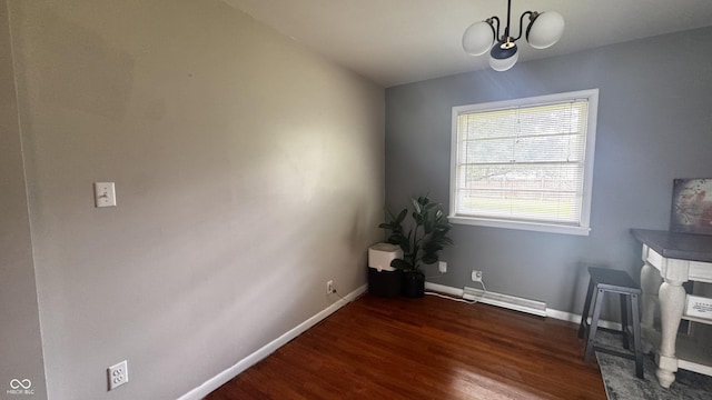 336 Brookside Ln, Plainfield, IN 46168 - unfurnished office with wood finished floors, a baseboard heating unit, and a chandelier