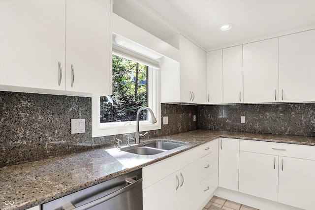 944 Briar Patch Ln, Greenwood, IN 46142 - kitchen with dishwasher, dark stone counters, white cabinetry, backsplash, and recessed lighting