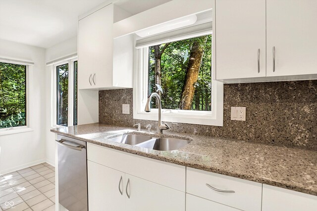 944 Briar Patch Ln, Greenwood, IN 46142 - kitchen featuring dishwasher, light stone countertops, decorative backsplash, white cabinetry, and light tile patterned floors