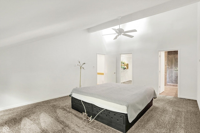 944 Briar Patch Ln, Greenwood, IN 46142 - bedroom featuring light colored carpet, a ceiling fan, ensuite bath, and high vaulted ceiling