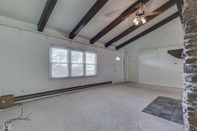 6637 E County Road 600 S, Plainfield, IN 46168 - unfurnished living room featuring ceiling fan, a baseboard radiator, and carpet