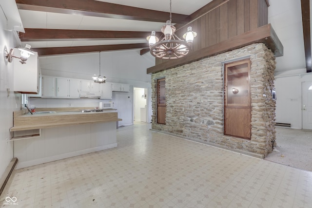 6637 E County Road 600 S, Plainfield, IN 46168 - kitchen featuring a chandelier, light flooring, beam ceiling, a baseboard heating unit, and under cabinet range hood