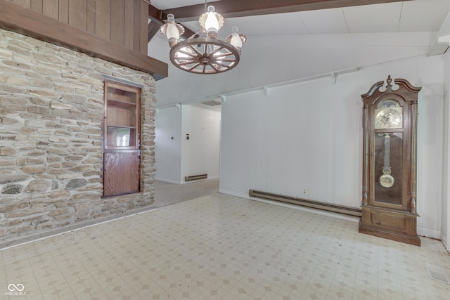 6637 E County Road 600 S, Plainfield, IN 46168 - empty room with baseboard heating, light flooring, a chandelier, beam ceiling, and high vaulted ceiling