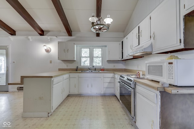 6637 E County Road 600 S, Plainfield, IN 46168 - kitchen with white microwave, stainless steel electric range oven, under cabinet range hood, light floors, and beamed ceiling