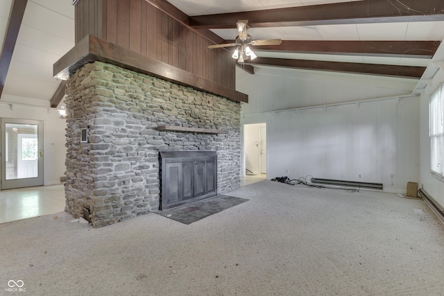 6637 E County Road 600 S, Plainfield, IN 46168 - unfurnished living room featuring carpet, beam ceiling, a stone fireplace, ceiling fan, and a baseboard heating unit