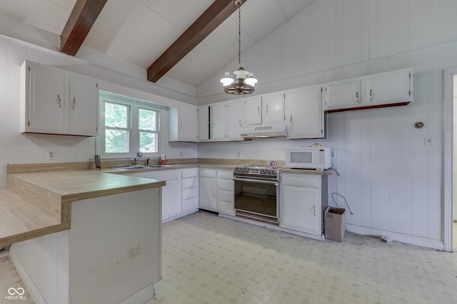6637 E County Road 600 S, Plainfield, IN 46168 - kitchen with electric stove, white microwave, under cabinet range hood, a peninsula, and a chandelier