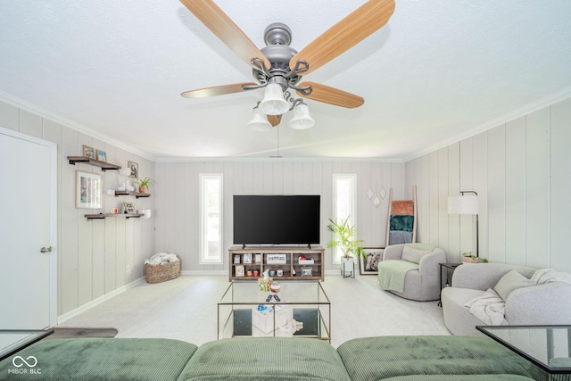 901 N Greenbriar Rd, Muncie, IN 47304 - living area with ornamental molding, carpet flooring, and a ceiling fan