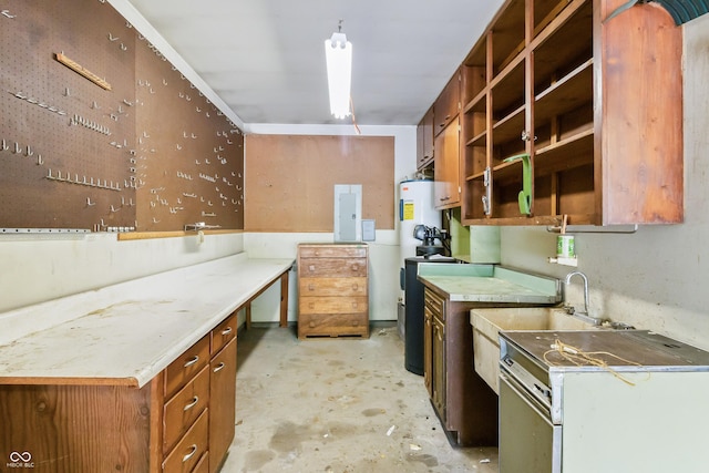8439 Goldfinch Cir, Indianapolis, IN 46256 - kitchen with electric panel, concrete floors, open shelves, light countertops, and brown cabinetry