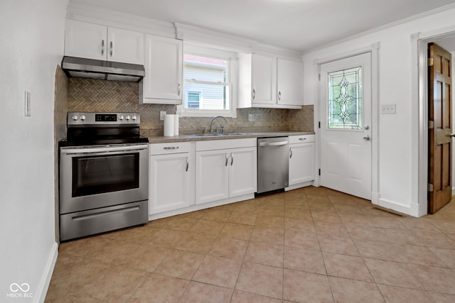 2400 Walnut St, Anderson, IN 46016 - kitchen with stainless steel appliances, under cabinet range hood, decorative backsplash, and white cabinets