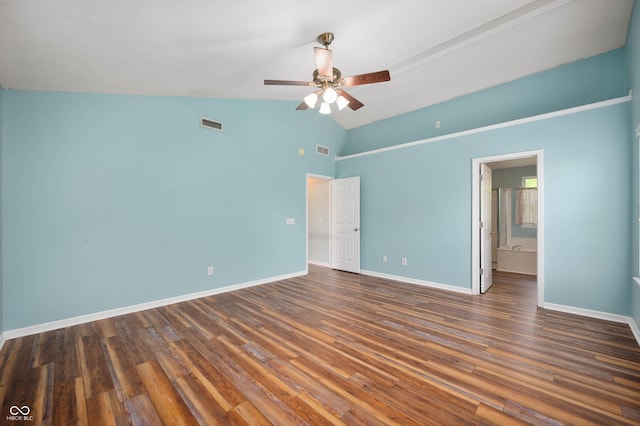 8578 Nolan Dr, Fishers, IN 46038 - unfurnished bedroom featuring lofted ceiling, wood finished floors, ensuite bathroom, and a ceiling fan
