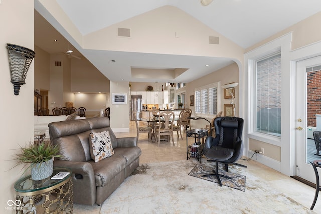 8164 Dean Rd, Indianapolis, IN 46240 - living room featuring high vaulted ceiling and light tile patterned flooring