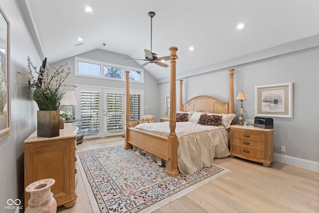 8164 Dean Rd, Indianapolis, IN 46240 - bedroom with lofted ceiling, access to exterior, light wood-style floors, a ceiling fan, and recessed lighting