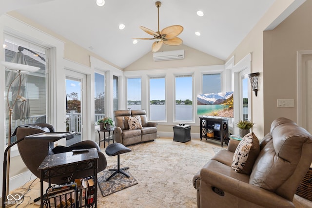 8164 Dean Rd, Indianapolis, IN 46240 - living area featuring a wall mounted air conditioner, a ceiling fan, vaulted ceiling, and recessed lighting