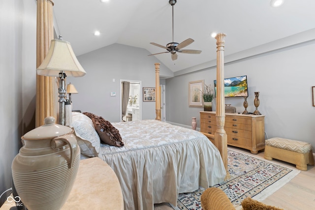 8164 Dean Rd, Indianapolis, IN 46240 - bedroom featuring vaulted ceiling, recessed lighting, light wood-style floors, and a ceiling fan