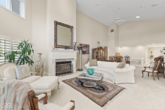 8164 Dean Rd, Indianapolis, IN 46240 - living area featuring high vaulted ceiling, carpet floors, a ceiling fan, healthy amount of natural light, and a fireplace with flush hearth