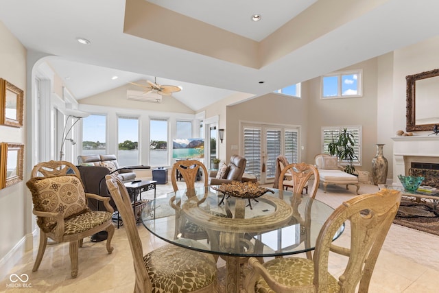8164 Dean Rd, Indianapolis, IN 46240 - dining area featuring healthy amount of natural light, a fireplace, recessed lighting, a water view, and a high ceiling