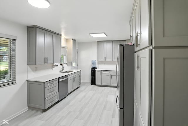 8219 Bishops Ln, Indianapolis, IN 46217 - kitchen with appliances with stainless steel finishes, gray cabinetry, and light countertops
