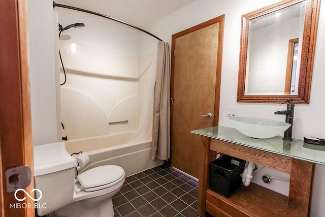 3948 S Woodfield Dr, New Palestine, IN 46163 - bathroom with shower / bath combo with shower curtain, tile patterned flooring, and vanity