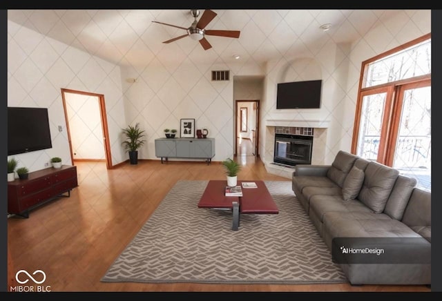 3948 S Woodfield Dr, New Palestine, IN 46163 - living area with ceiling fan and a tile fireplace