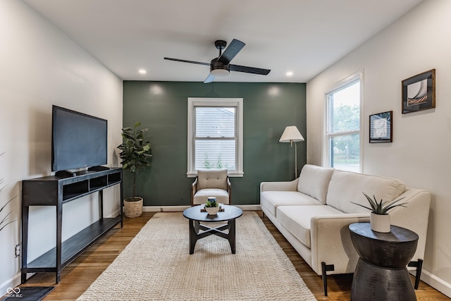 1710 N Irvington Ave, Indianapolis, IN 46218 - living area with wood finished floors, a ceiling fan, and recessed lighting