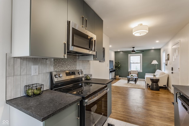 1710 N Irvington Ave, Indianapolis, IN 46218 - kitchen with stainless steel appliances, ceiling fan, dark countertops, tasteful backsplash, and wood finished floors