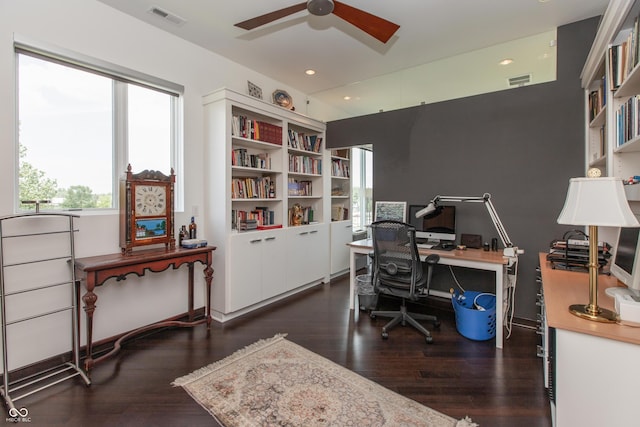 1036 Jackson St, Columbus, IN 47201 - office featuring ceiling fan, dark wood finished floors, and recessed lighting