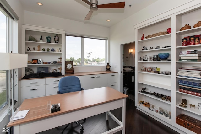 1036 Jackson St, Columbus, IN 47201 - home office with ceiling fan, dark wood finished floors, and recessed lighting