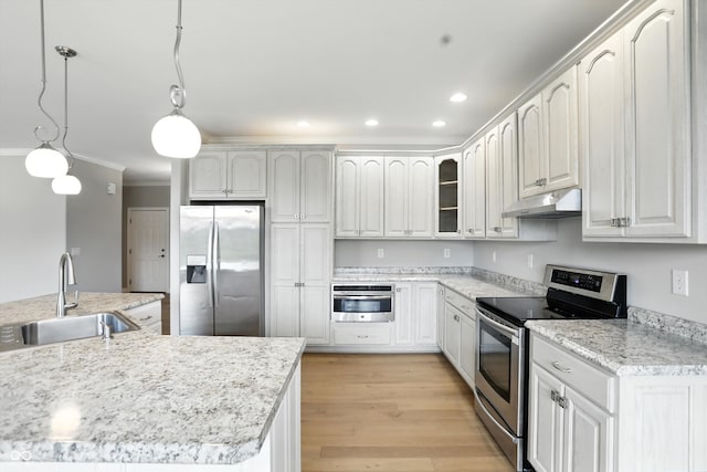 1127 Kay Dr, Greenwood, IN 46142 - kitchen with stainless steel appliances, under cabinet range hood, crown molding, recessed lighting, and light wood-style flooring
