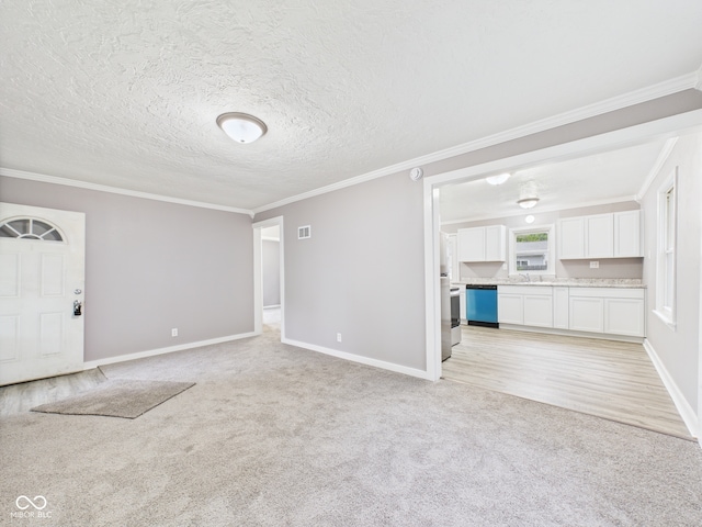 602 W 34th St, Anderson, IN 46013 - unfurnished living room with light carpet, ornamental molding, and a textured ceiling