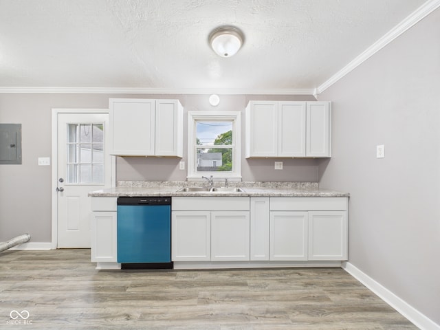 602 W 34th St, Anderson, IN 46013 - kitchen with dishwashing machine, electric panel, ornamental molding, light wood-type flooring, and white cabinetry