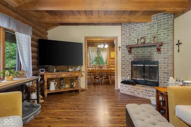 3370 E State Road 160, Salem, IN 47167 - living area with wood ceiling, wood finished floors, rustic walls, a brick fireplace, and a chandelier