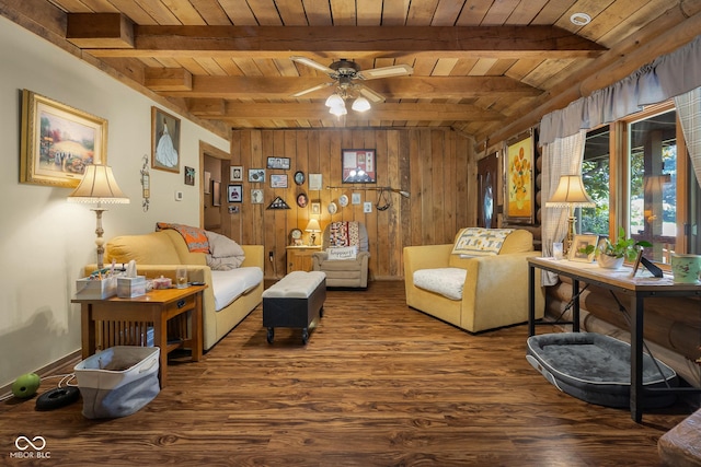 3370 E State Road 160, Salem, IN 47167 - living room with wood finished floors, a wooden ceiling with exposed beams, wood walls, and a ceiling fan