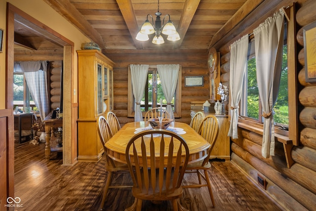 3370 E State Road 160, Salem, IN 47167 - dining room featuring a chandelier, log walls, dark wood finished floors, and a wood ceiling with exposed beams