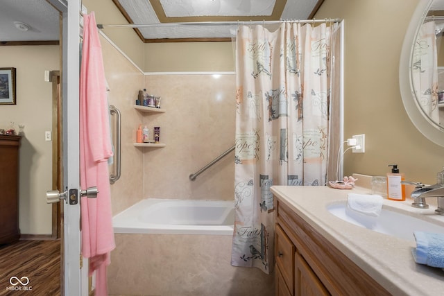 3370 E State Road 160, Salem, IN 47167 - bathroom with shower / bath combo with shower curtain, vanity, and wood finished floors