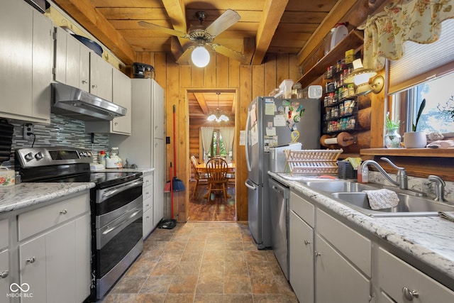 3370 E State Road 160, Salem, IN 47167 - kitchen featuring appliances with stainless steel finishes, under cabinet range hood, a wooden ceiling with exposed beams, ceiling fan, and light countertops